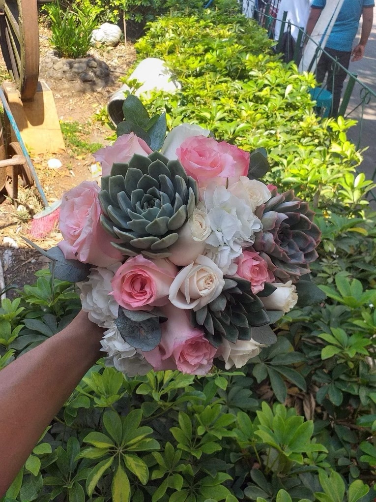 An image of pink and white roses made in a bunch with a succulant